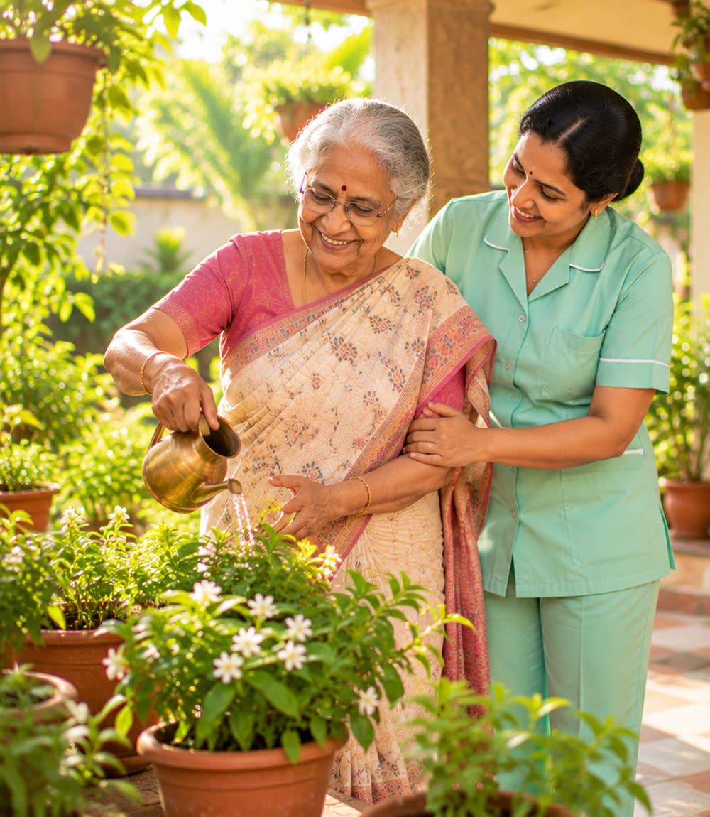 A grandmother watering jasmine plants with a caregiver supporting her