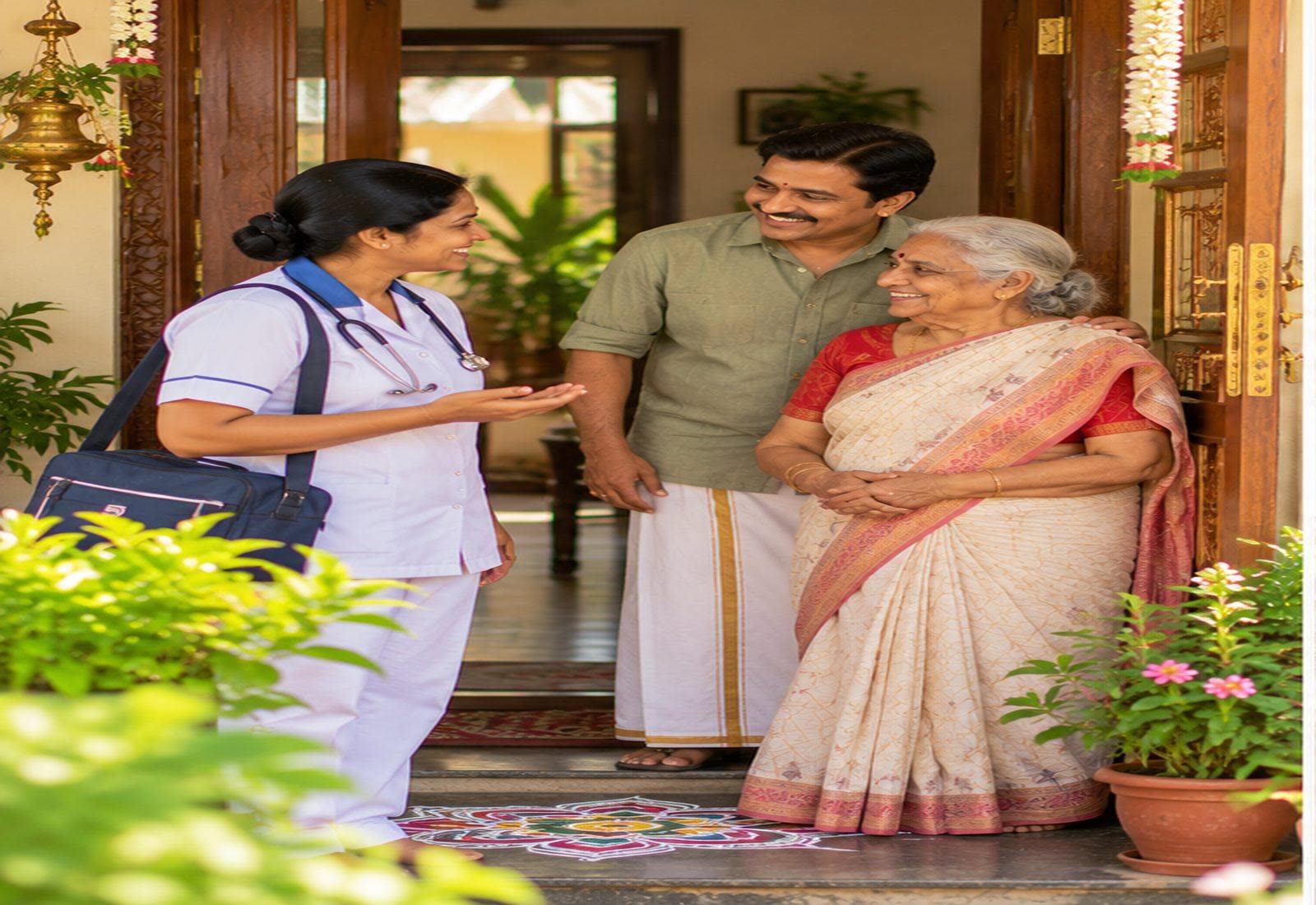A nurse being warmly welcomed at the door of a family home