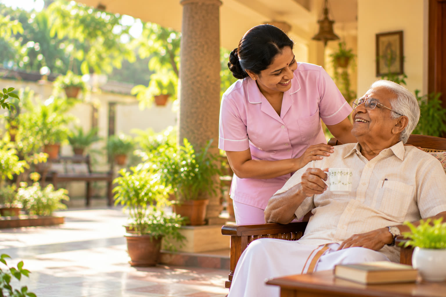 A nurse smiling at an elderly man enjoying a cup of tea on a sunlit verandah