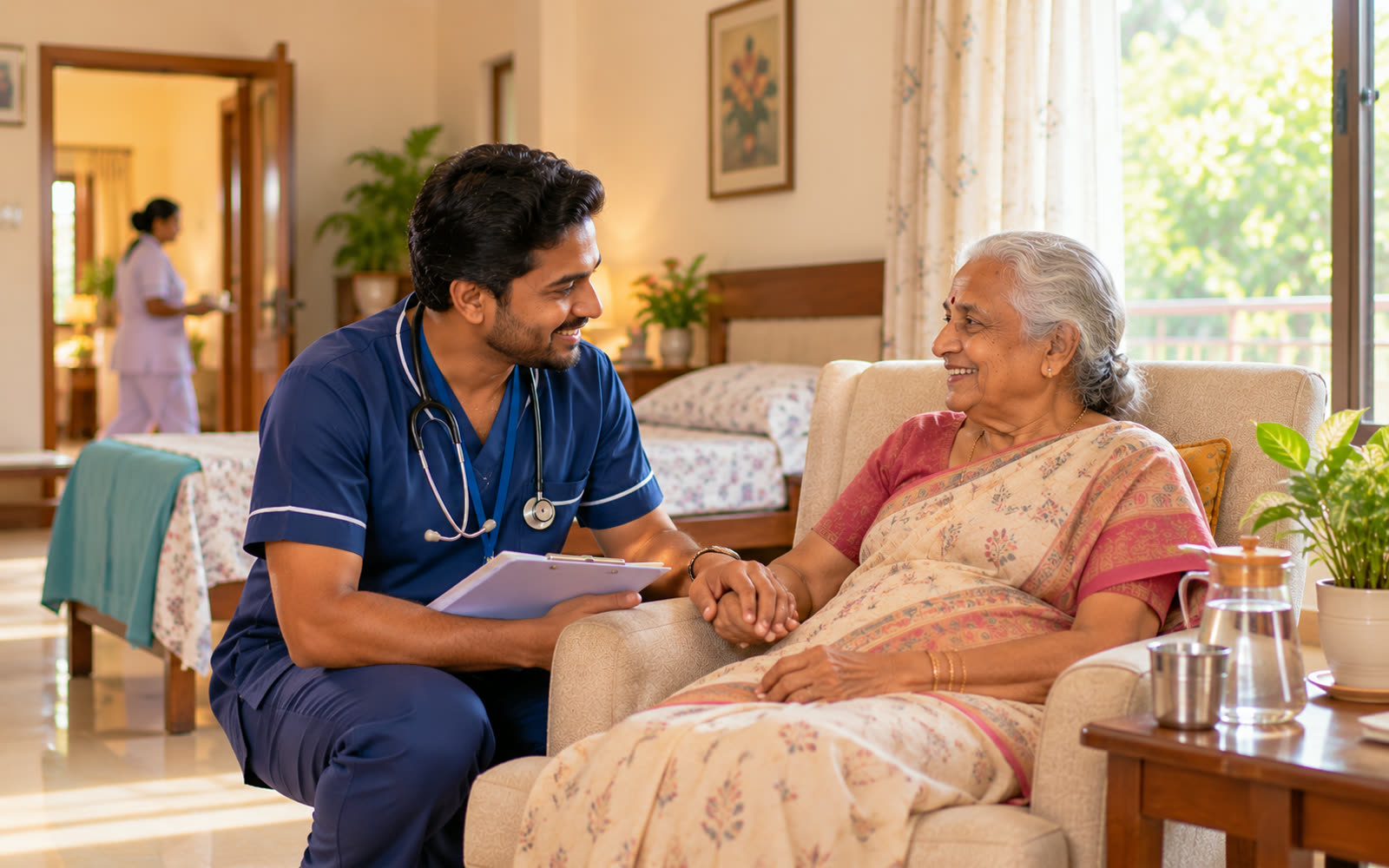 A male nurse speaking kindly with an elderly woman in a bright care facility room