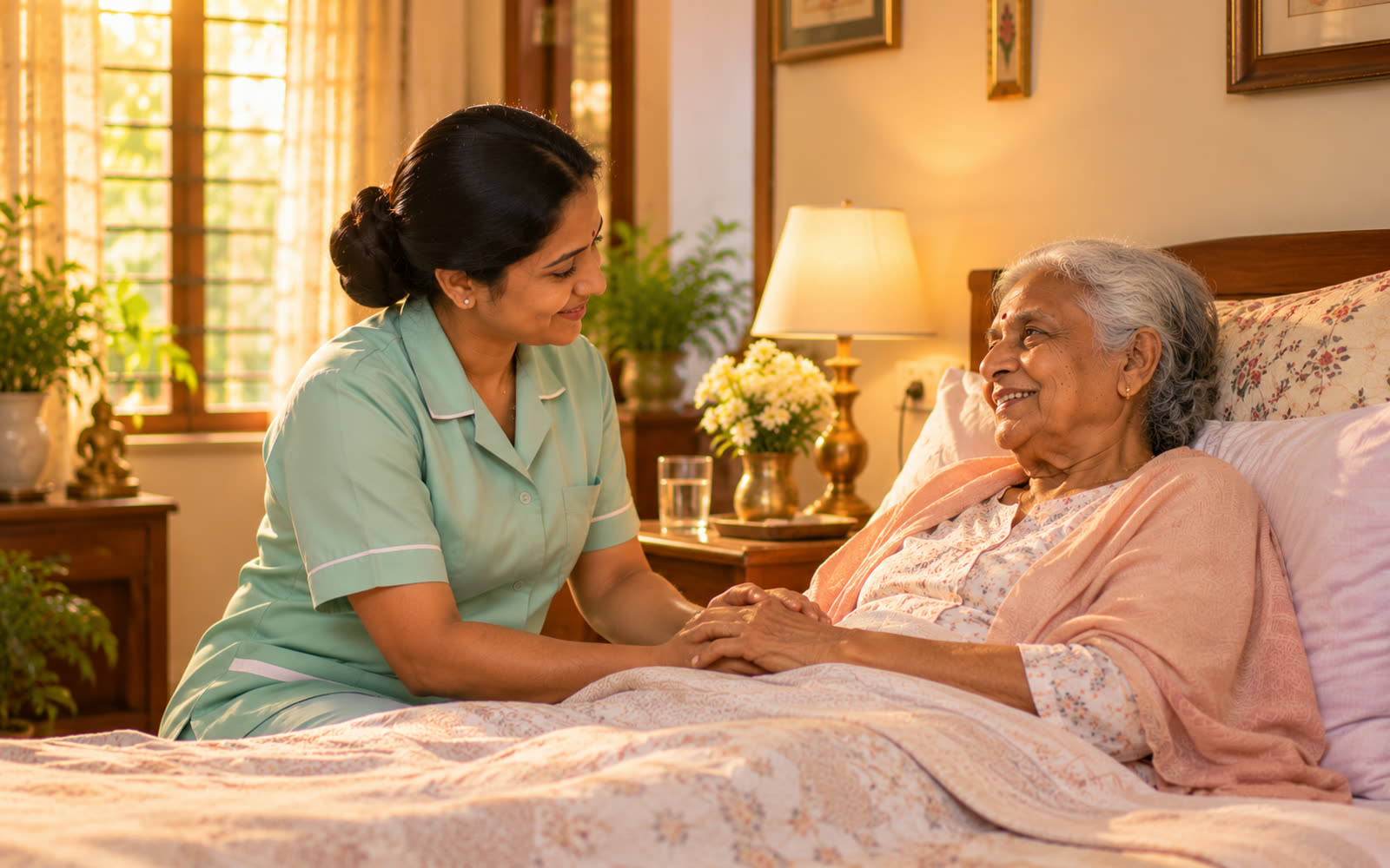 A caregiver gently holding the hand of an elderly woman resting peacefully in bed